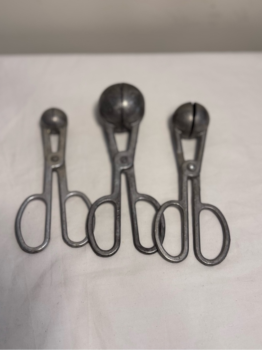 3 Vintage scissor-style kitchen tools, meatball tongs or melon ballers Aluminum